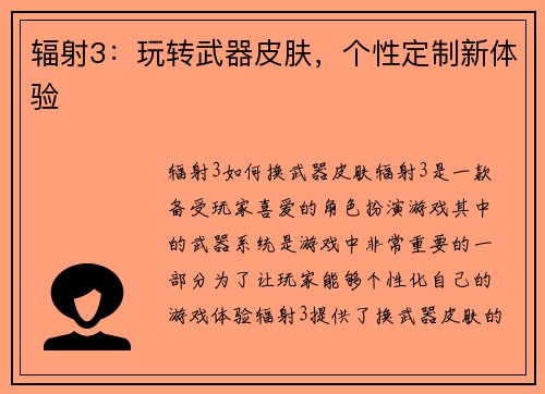 辐射3：玩转武器皮肤，个性定制新体验
